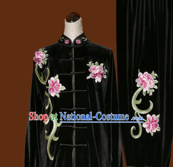 Chinese Traditional Tai Chi Embroidered Peony Black Velvet Uniform Kung Fu Group Competition Costume for Women