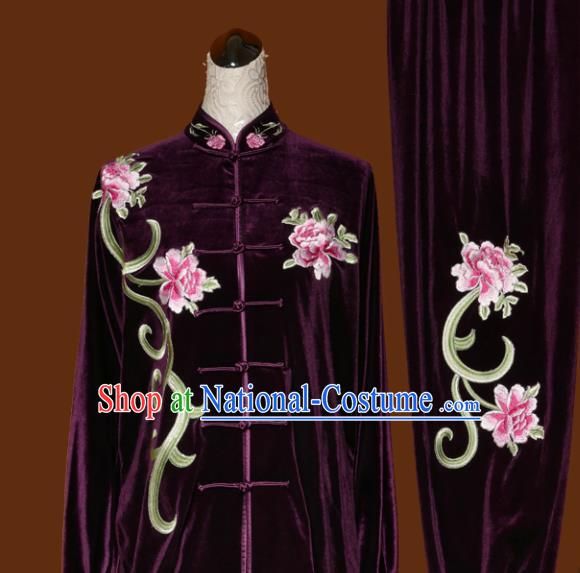 Chinese Traditional Tai Chi Embroidered Peony Purple Velvet Uniform Kung Fu Group Competition Costume for Women