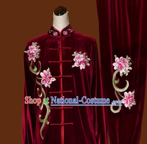 Chinese Traditional Tai Chi Embroidered Peony Red Velvet Uniform Kung Fu Group Competition Costume for Women