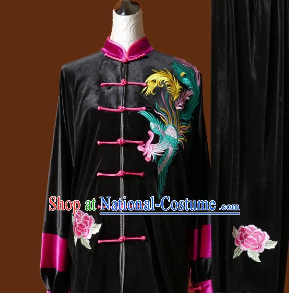 Chinese Traditional Tai Chi Embroidered Phoenix Black Velvet Uniform Kung Fu Group Competition Costume for Women