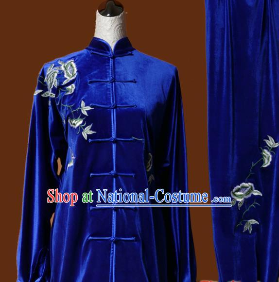 Chinese Traditional Tai Chi Embroidered Peony Royalblue Velvet Uniform Kung Fu Group Competition Costume for Women