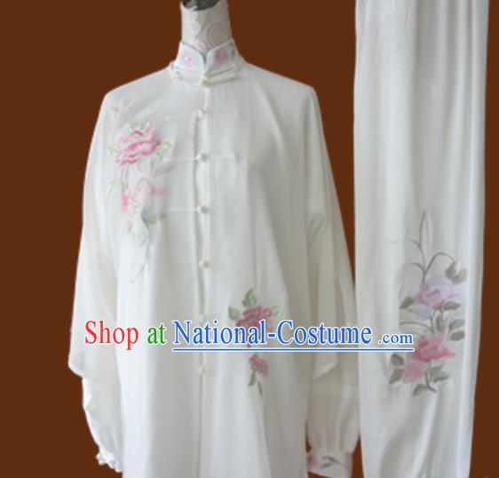 Chinese Traditional Tai Chi Embroidered White Uniform Kung Fu Group Competition Costume for Women