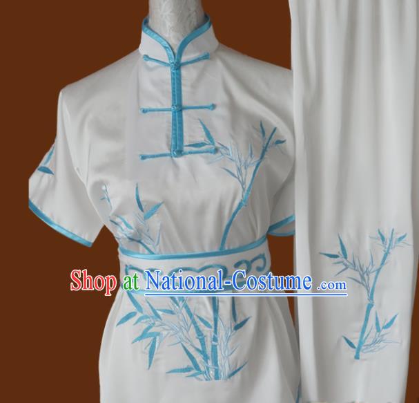 Chinese Traditional Martial Arts Embroidered Bamboo White Uniform Kung Fu Group Competition Costume for Women