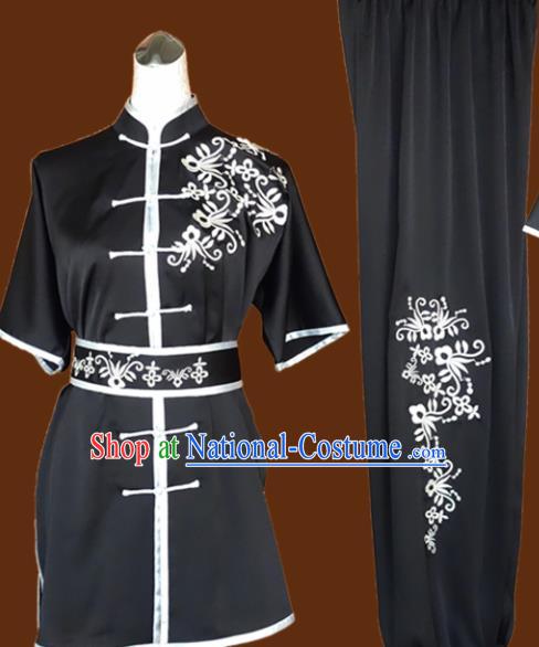 Chinese Traditional Martial Arts Embroidered Black Uniform Kung Fu Group Competition Costume for Women