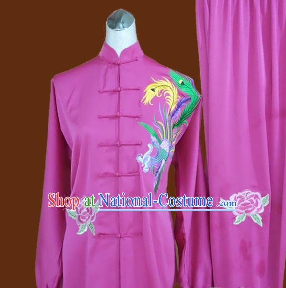 Chinese Traditional Tai Chi Rosy Uniform Kung Fu Group Competition Embroidered Phoenix Costume for Women