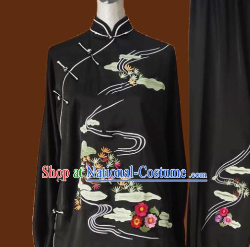 Chinese Traditional Tai Chi Black Uniform Kung Fu Group Competition Embroidered Pine Costume for Women