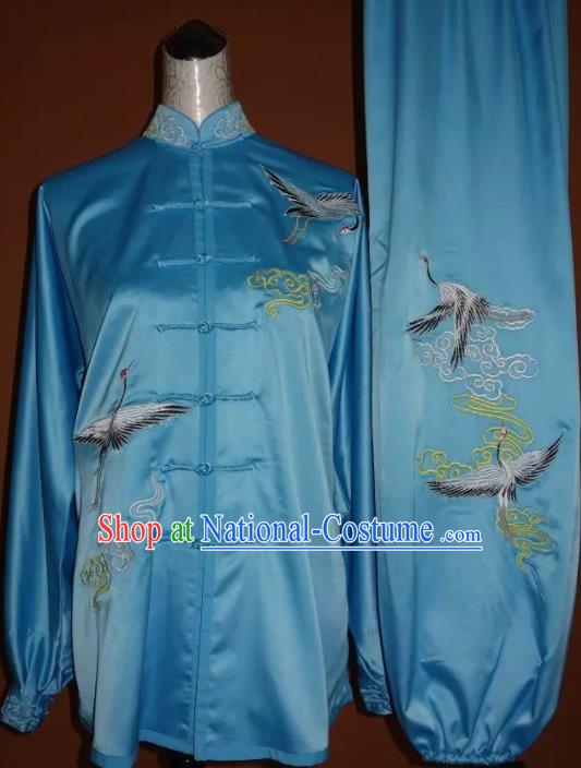 Top Grade Kung Fu Embroidered Cranes Blue Costume Chinese Tai Chi Martial Arts Training Uniform for Adults