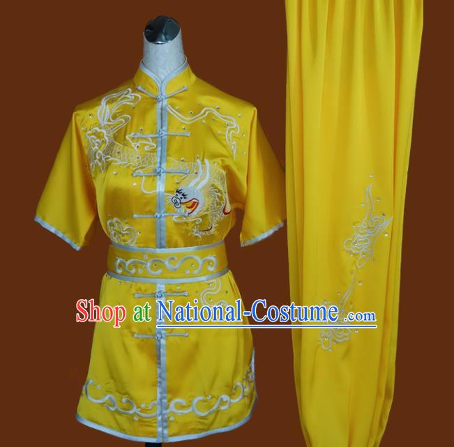 Top Grade Kung Fu Embroidered Dragon Yellow Costume Chinese Tai Chi Martial Arts Training Uniform for Adults