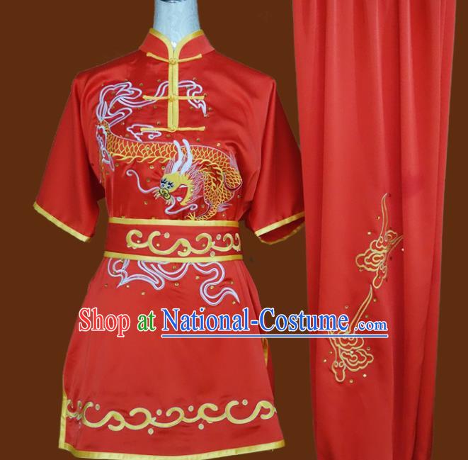 Top Grade Kung Fu Embroidered Dragon Red Costume Chinese Tai Chi Martial Arts Training Uniform for Adults