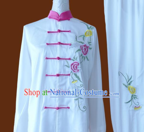 Chinese Traditional Tai Chi Embroidered Peony White Uniform Kung Fu Group Competition Costume for Women