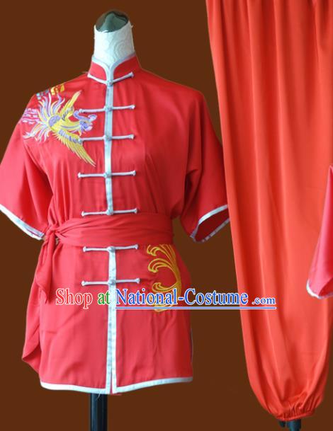 Chinese Traditional Tai Chi Embroidered Phoenix Red Uniform Kung Fu Group Competition Costume for Women