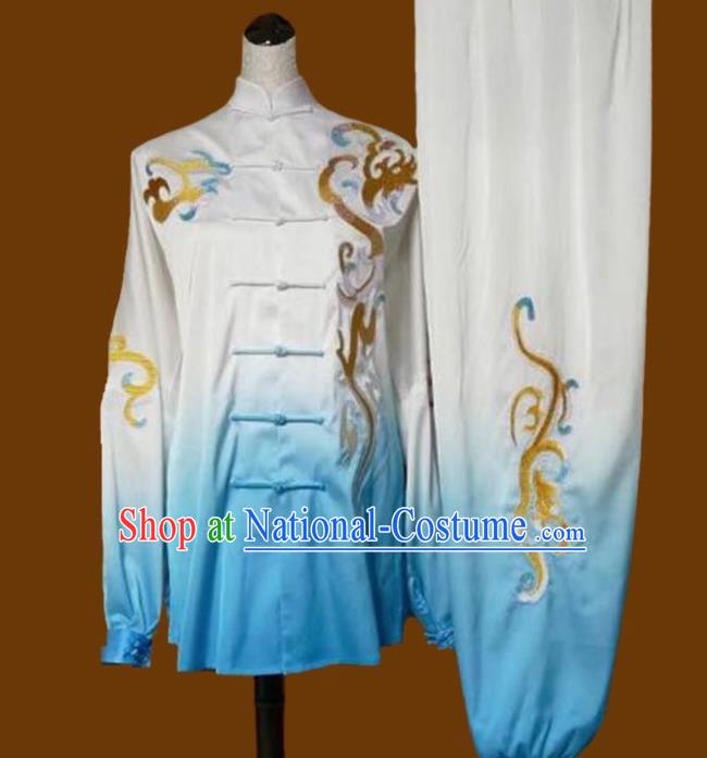 Top Grade Kung Fu Embroidered Blue Tai Ji Costume Chinese Martial Arts Training Uniform for Adults