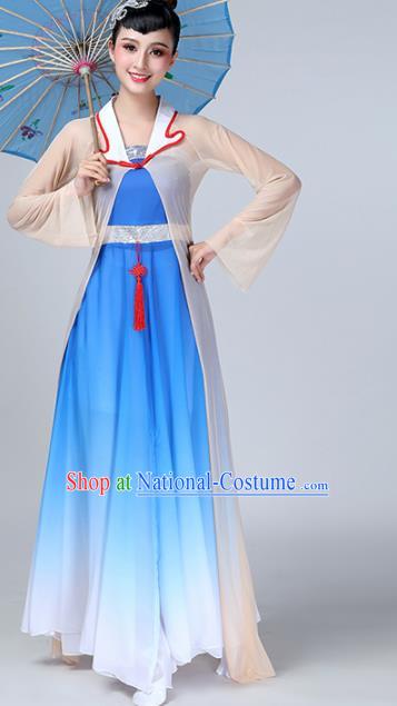 Chinese Traditional Stage Performance Umbrella Dance Blue Costume Classical Dance Dress for Women