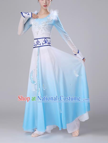 Chinese Traditional Ethnic Stage Performance Classical Dance Costume Umbrella Dance Blue Dress for Women