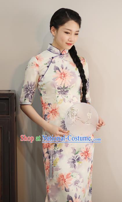 Chinese National Costume Traditional Classical Cheongsam Printing Flowers Qipao Dress for Women