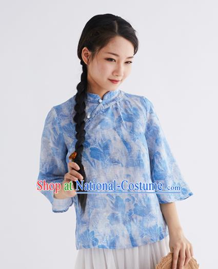 Chinese National Costume Traditional Classical Cheongsam Blue Blouse for Women