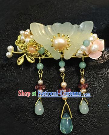 Chinese Ancient Handmade Jade Butterfly Tassel Hair Comb Traditional Classical Hair Accessories for Women