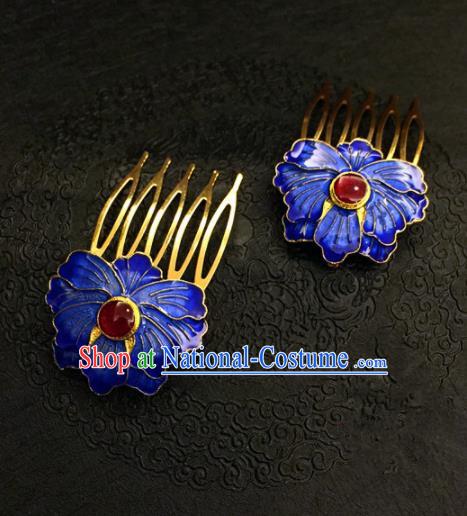 Chinese Ancient Handmade Palace Blueing Peony Hair Comb Traditional Classical Hair Accessories for Women