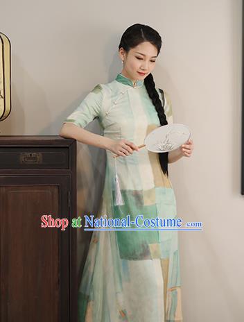 Chinese National Costume Traditional Classical Cheongsam Printing Green Qipao Dress for Women