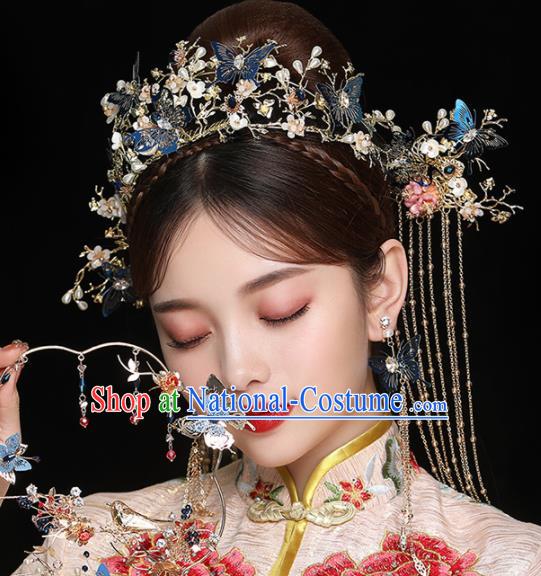 Chinese Ancient Handmade Blue Butterfly Phoenix Coronet Bride Hairpins Traditional Classical Wedding Hair Accessories for Women