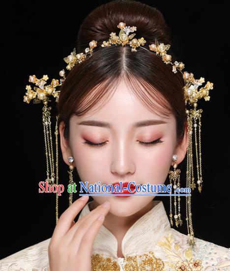 Chinese Ancient Handmade Golden Hair Clasp Bride Hairpins Traditional Classical Wedding Hair Accessories for Women