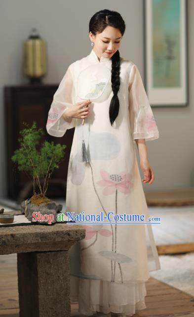 Chinese National Costume Traditional Classical Cheongsam Printing Lotus White Qipao Dress for Women