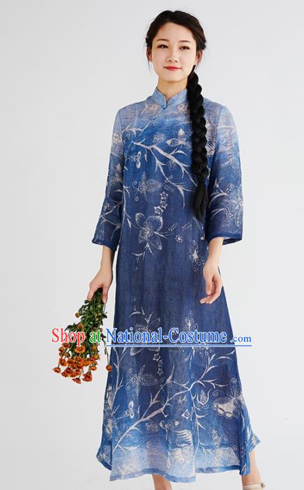 Chinese National Costume Traditional Cheongsam Classical Printing Navy Qipao Dress for Women