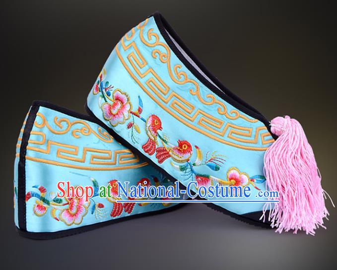 Professional Chinese Beijing Opera Actress Shoes Ancient Princess Blue Embroidered Shoes for Women