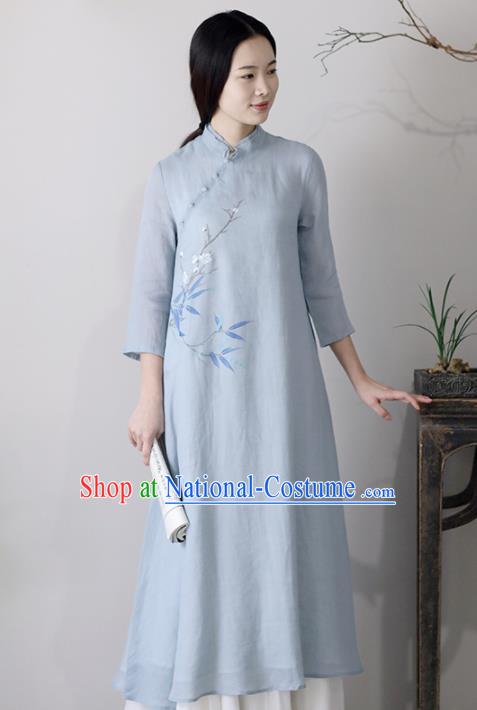 Chinese National Costume Traditional Cheongsam Classical Light Blue Qipao Dress for Women