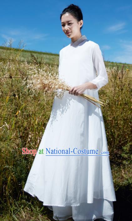 Chinese National Costume Traditional Cheongsam Classical White Linen Qipao Dress for Women