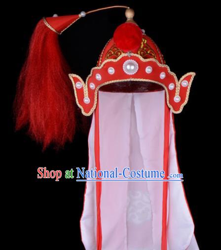 Chinese Beijing Opera Takefu Hair Accessories Ancient Soldier Red Hat for Men