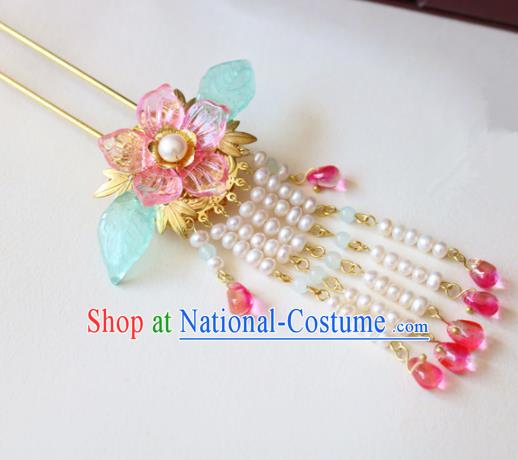 Chinese Ancient Handmade Pink Cherry Blossom Tassel Hairpins Traditional Classical Hair Accessories for Women