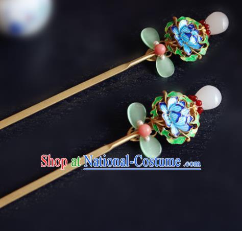 Chinese Ancient Handmade Cloisonne Lotus Hairpins Traditional Classical Hair Accessories for Women