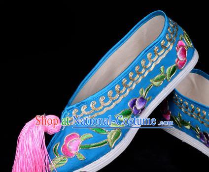 Professional Chinese Beijing Opera Princess Shoes Ancient Peri Blue Embroidered Shoes for Women