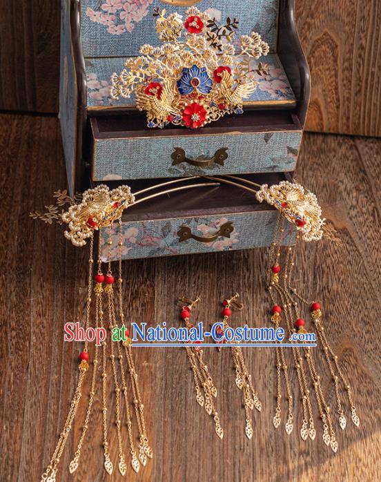 Chinese Ancient Handmade Pine Hair Crown Bride Tassel Hairpins Traditional Classical Wedding Hair Accessories for Women