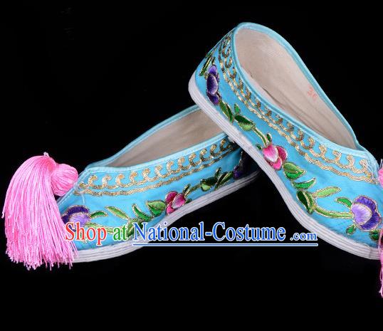 Professional Chinese Beijing Opera Princess Shoes Ancient Peri Deep Blue Embroidered Shoes for Women