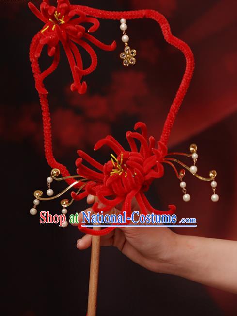 Chinese Handmade Classical Palace Fans Wedding Bride Accessories Red Chrysanthemum Round Fan for Women