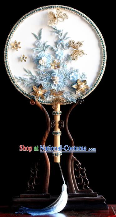 Chinese Handmade Classical Blue Flowers Palace Fans Wedding Bride Accessories Round Fan for Women