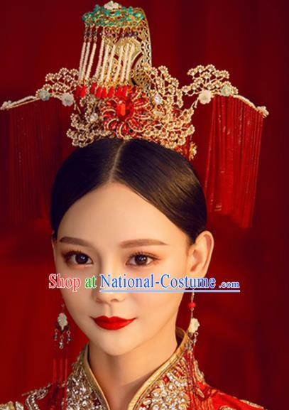 Chinese Ancient Handmade Bride Hairpins Traditional Red Tassel Phoenix Coronet Wedding Hair Accessories for Women