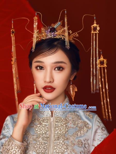 Chinese Ancient Bride Hairpins Golden Tassel Phoenix Coronet Traditional Hair Accessories Headdress for Women