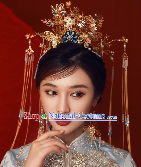 Chinese Ancient Bride Hairpins Golden Butterfly Tassel Phoenix Coronet Traditional Hair Accessories Headdress for Women