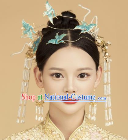 Top Grade Chinese Ancient Bride Hairpins Cranes Hair Clasp Traditional Hair Accessories Headdress for Women