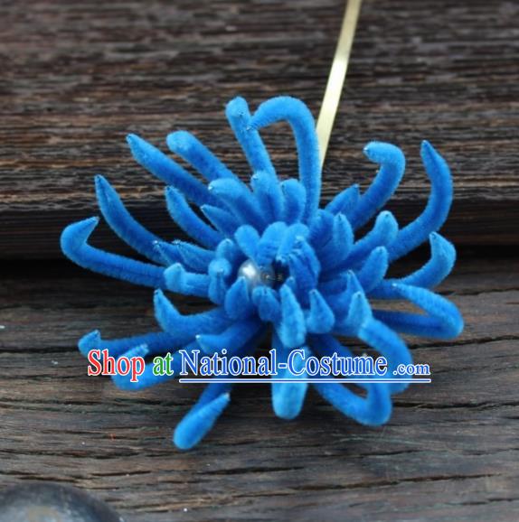 Top Grade Chinese Ancient Palace Queen Royalblue Velvet Chrysanthemum Hairpins Traditional Hair Accessories Headdress for Women