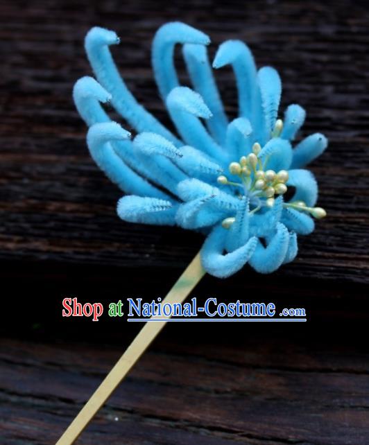 Top Grade Chinese Ancient Palace Queen Blue Velvet Chrysanthemum Hairpins Traditional Hair Accessories Headdress for Women