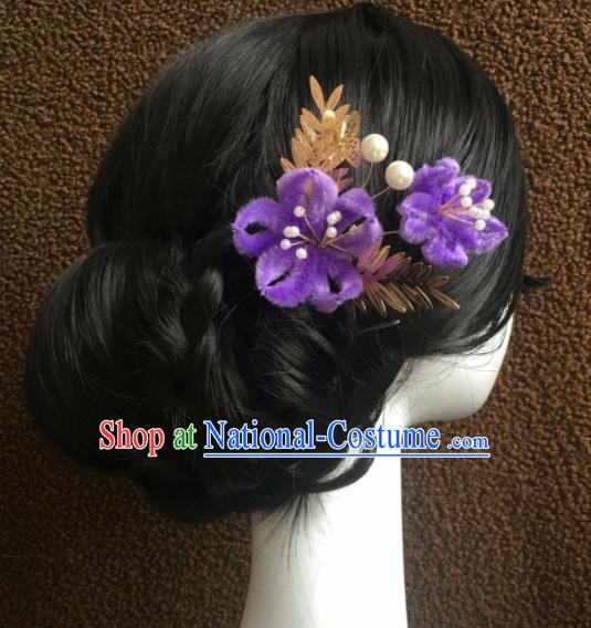 Top Grade Chinese Ancient Queen Purple Velvet Flower Hairpins Traditional Hair Accessories Headdress for Women