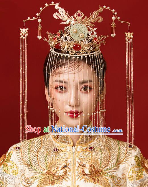 Chinese Ancient Bride Jade Phoenix Coronet Hairpins Traditional Wedding Hair Accessories for Women