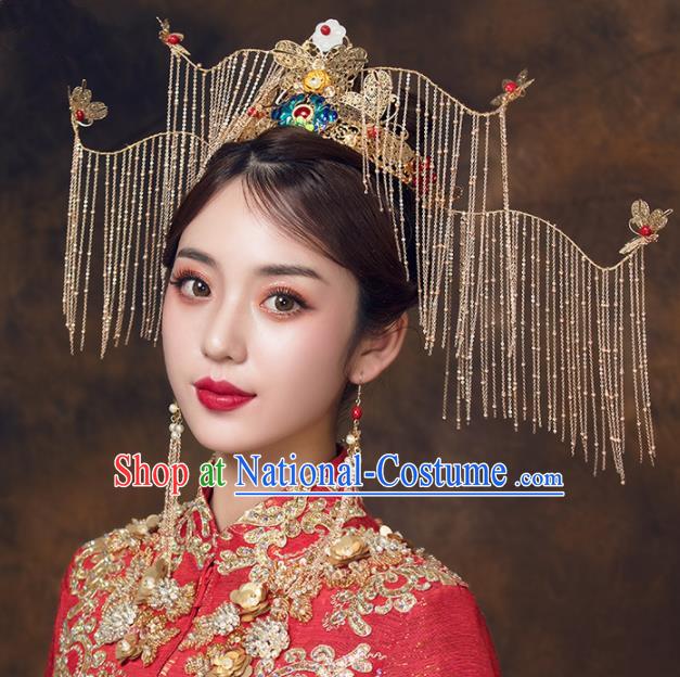 Chinese Ancient Bride Blueing Peony Phoenix Coronet Hairpins Traditional Wedding Hair Accessories for Women