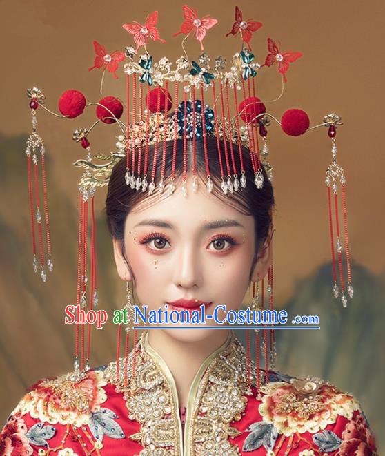 Chinese Ancient Palace Red Butterfly Tassel Phoenix Coronet Hairpins Traditional Wedding Hair Accessories for Women