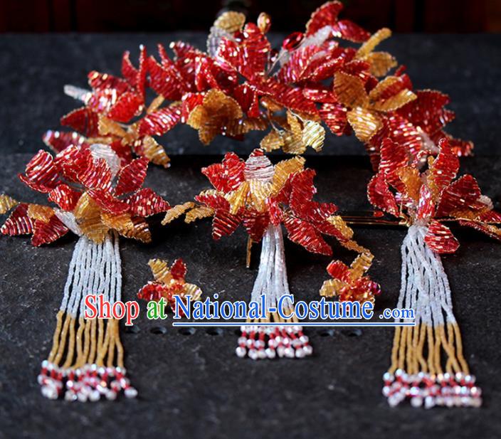 Chinese Ancient Palace Red Beads Leaf Phoenix Coronet Hairpins Traditional Wedding Hair Accessories for Women