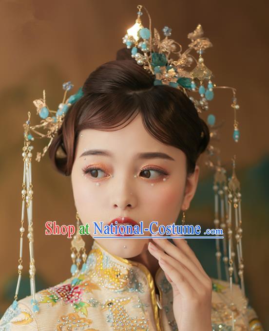 Chinese Ancient Palace Blue Flowers Phoenix Coronet Tassel Hairpins Traditional Wedding Hair Accessories for Women